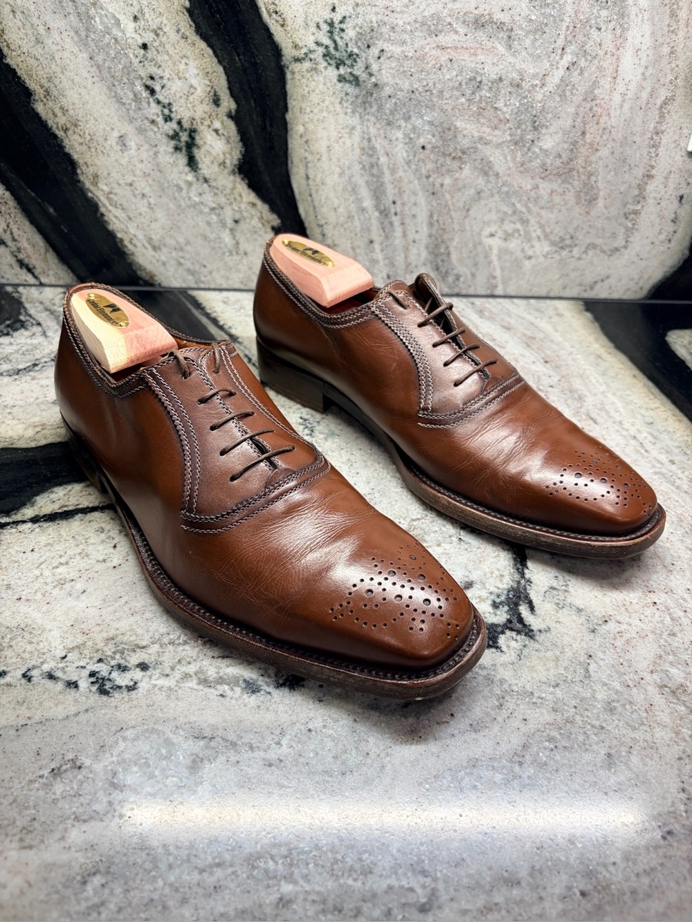 A.Testoni Black Label 8.5 M Brown Leather Medallion Oxford Shoes Italy